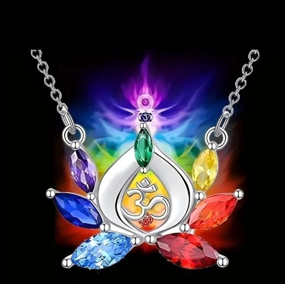.925 Silver - 7 Chakra Gems Ohm Pendant W/Necklace - $5.95 Shipping - Picture 2 of 3